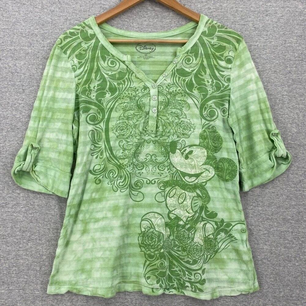 Disney Blouse Womens Small Green Mickey Mouse Top 1/4 Button Up Rolled Sleeves